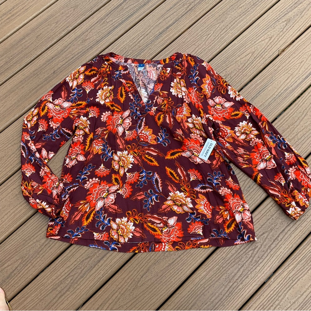 Old Navy Floral V-Neck Blouse - Burgundy Multicolor NWT